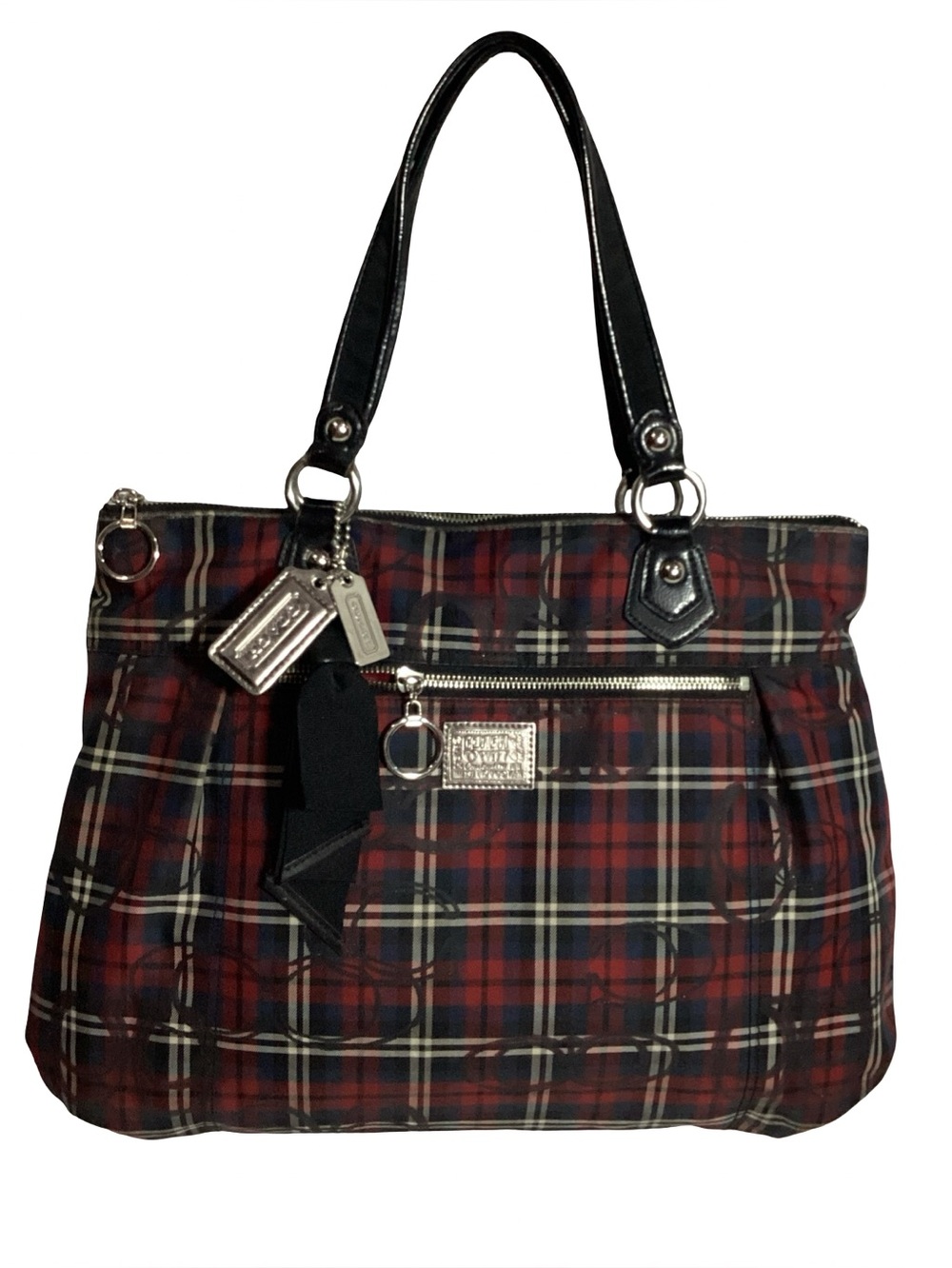 COACH Poppy Tartan Plaid Glam Large Tote Bag with Charms